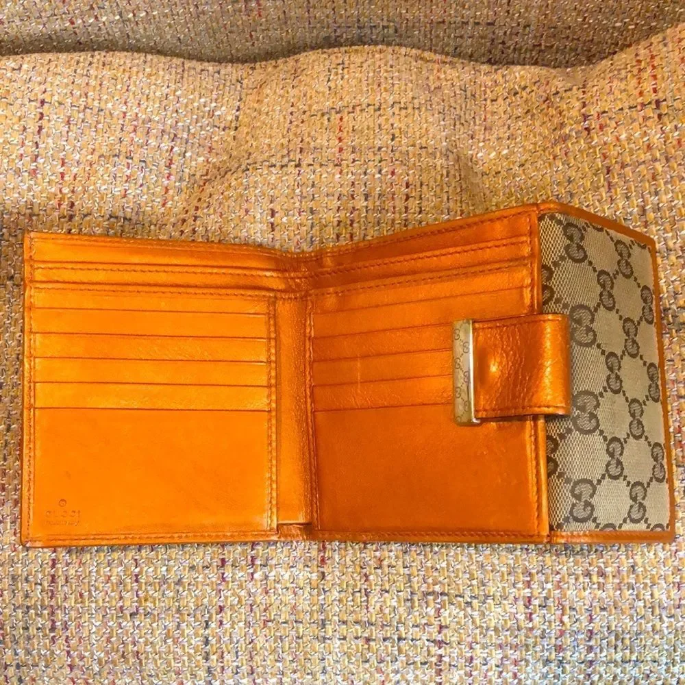 GUCCI GG Monogram Canvas Burned Orange Leather Trifold Wallet Monogram Clasp